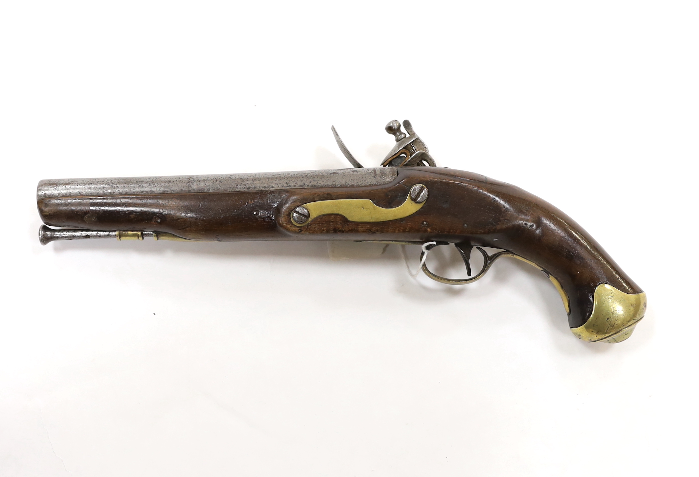 A Regulation type, brass mounted flintlock service pistol, barrel 22.5cm, with associated regulation brass mounts and iron ramrod, lock engraved with crowned GR